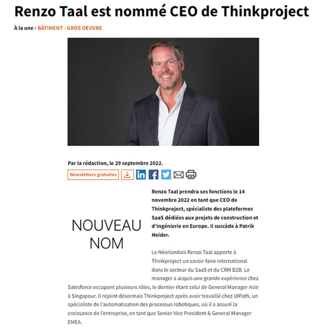 Construction Cayola annonce le nouveau CEO de Thinkproject